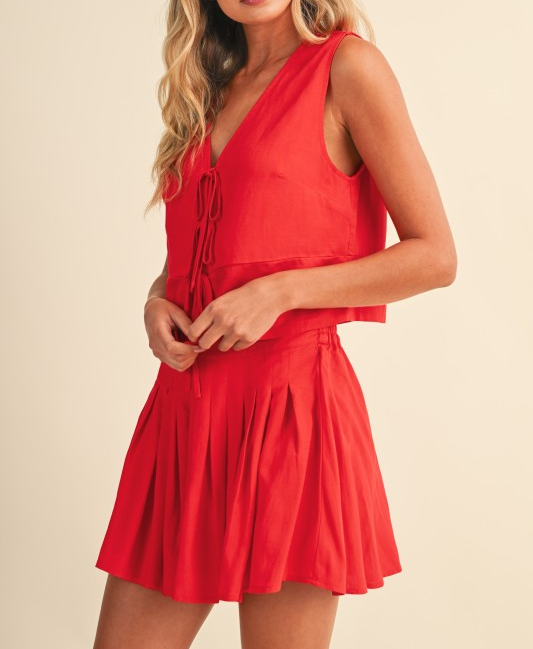 Front Tie Vest and Mini Skirt Set - Red