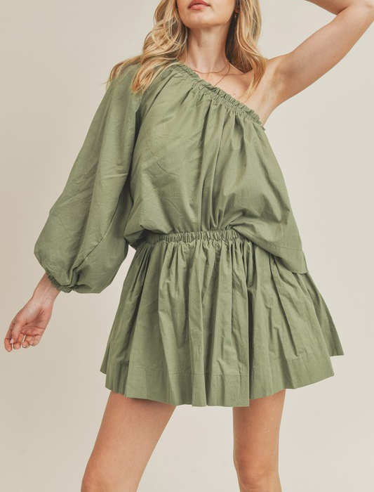 One Shoulder Top and Mini Skirt Set - Olive