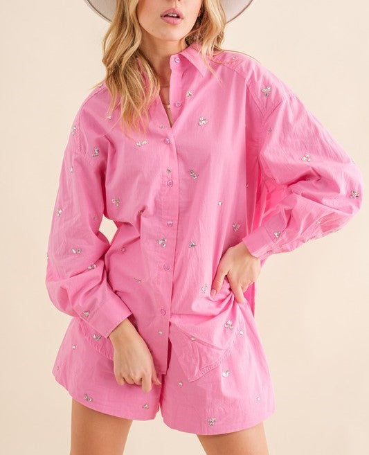 Poplin Gem Blouse and Shorts Set - Pink
