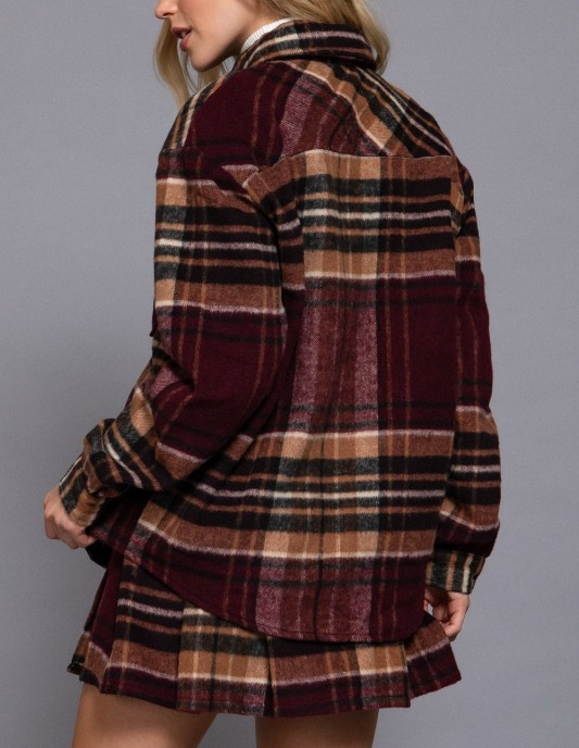 Wool Blend Plaid Jacket and Skort Set - Burgundy/Taupe