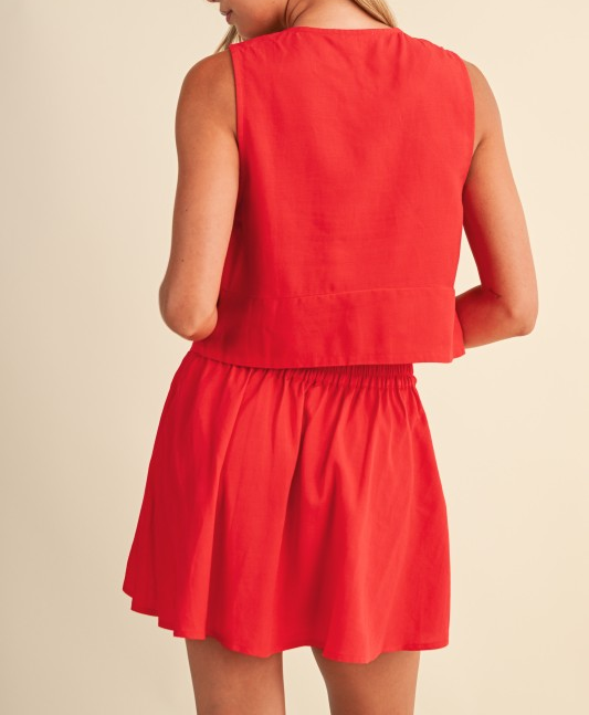 Front Tie Vest and Mini Skirt Set - Red