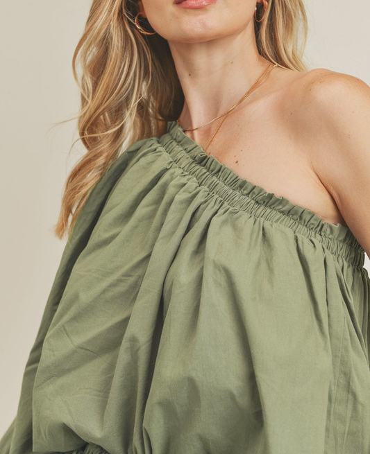 One Shoulder Top and Mini Skirt Set - Olive