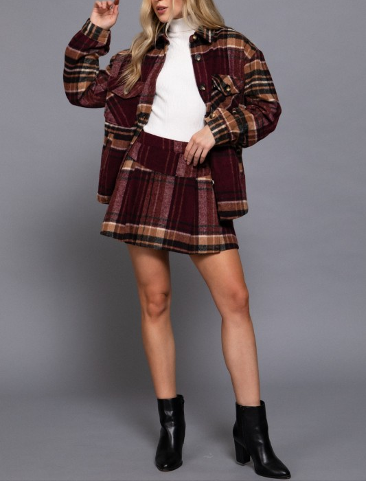 Wool Blend Plaid Jacket and Skort Set - Burgundy/Taupe