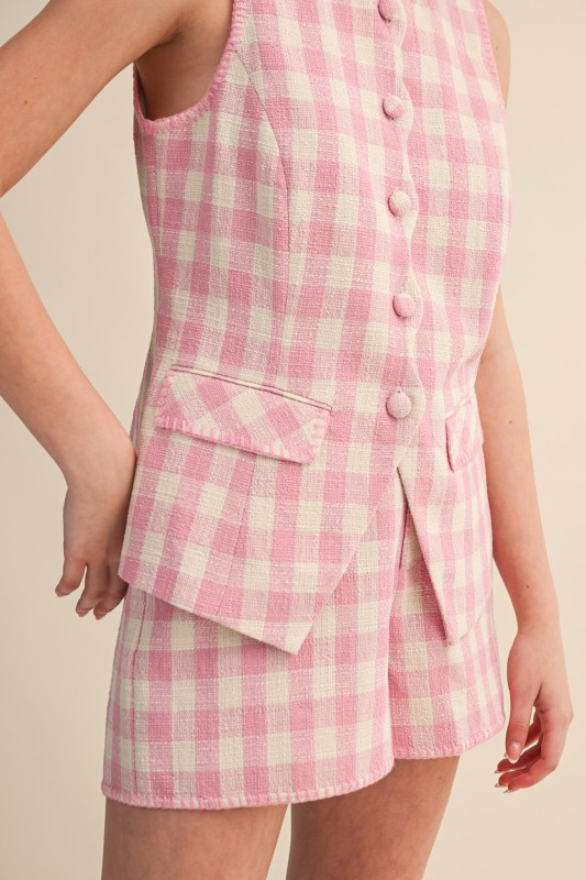 Gingham Tweed Vest and Shorts Set - Candy Pink