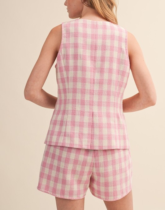 Gingham Tweed Vest and Shorts Set - Candy Pink