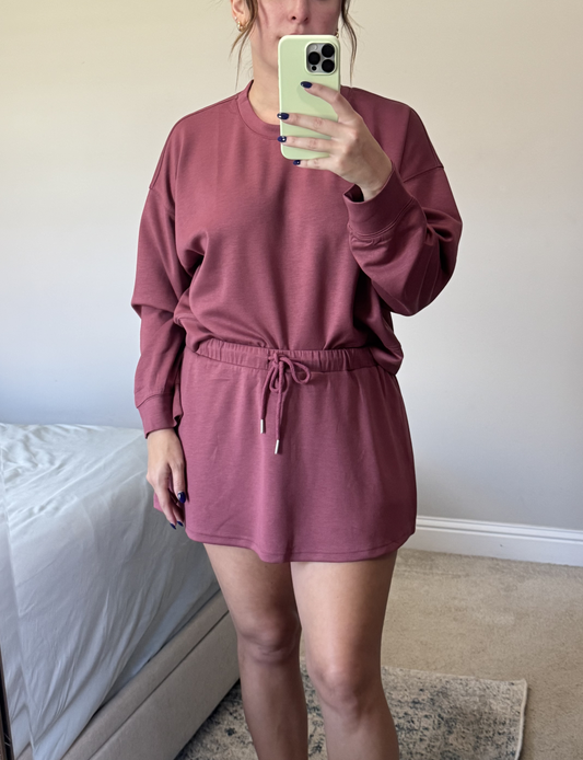 Round Neck Sweatshirt with Flare Skort Set - Dusty Rose
