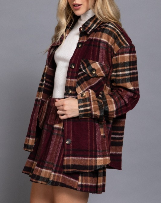 Wool Blend Plaid Jacket and Skort Set - Burgundy/Taupe