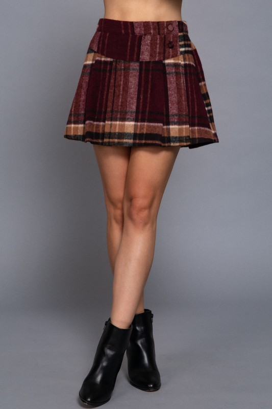 Wool Blend Plaid Jacket and Skort Set - Burgundy/Taupe