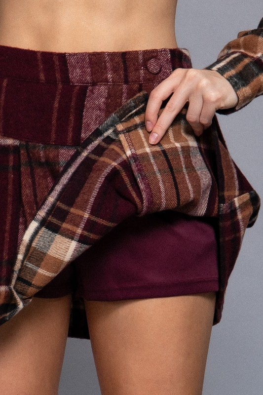Wool Blend Plaid Jacket and Skort Set - Burgundy/Taupe