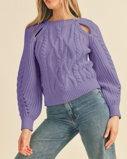 Cut Out Cable Knit Sweater - Purple