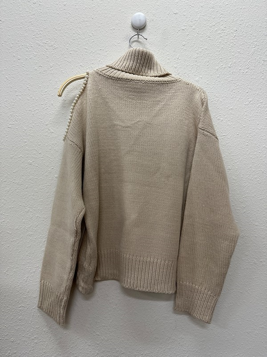 Turtleneck Sweater with Pearled Open Shoulder Detail - Latte