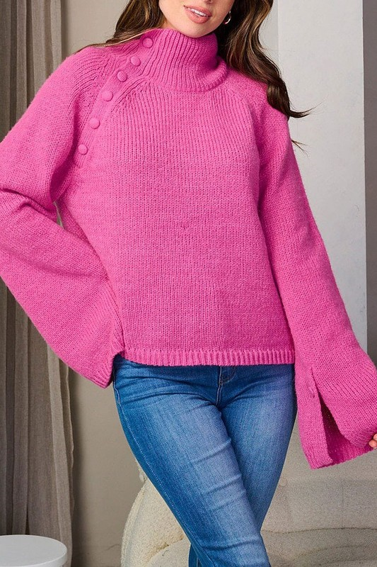 Bell Sleeve Turtleneck Sweater - Fuchsia