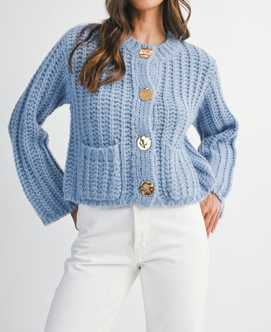Chunky Knit Long Sleeve Button Down Cardigan - Periwinkle