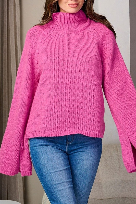 Bell Sleeve Turtleneck Sweater - Fuchsia