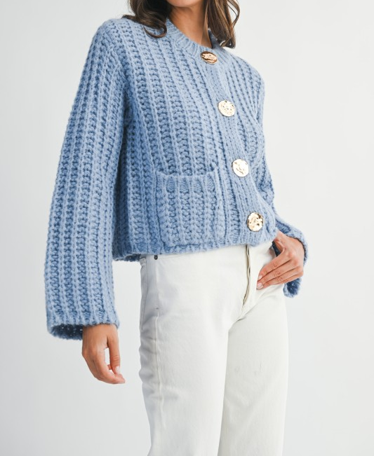 Chunky Knit Long Sleeve Button Down Cardigan - Periwinkle