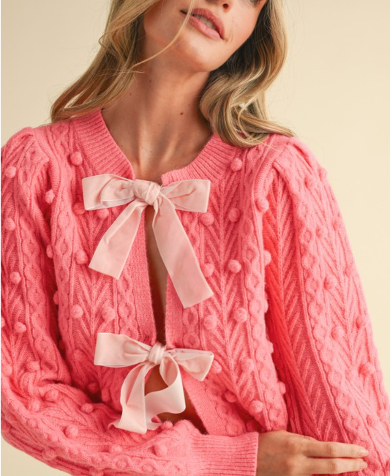 Bow Front Cable Knit Sweater Cardigan - Salmon Pink