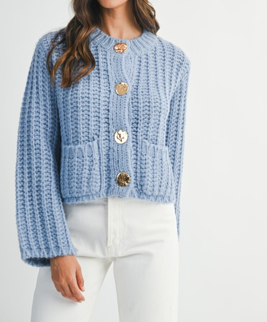 Chunky Knit Long Sleeve Button Down Cardigan - Periwinkle