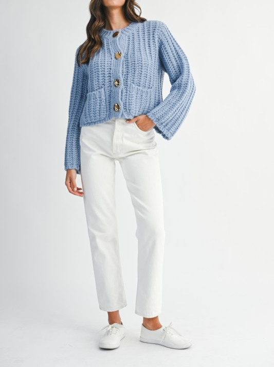 Chunky Knit Long Sleeve Button Down Cardigan - Periwinkle