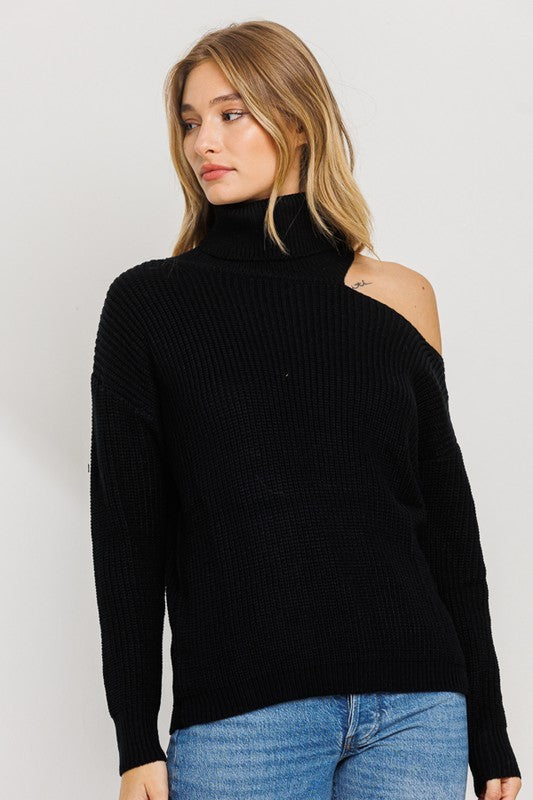 Turtleneck Sweater with One Open Shoulder - Black