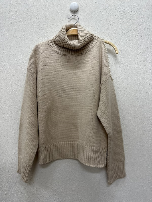 Turtleneck Sweater with Pearled Open Shoulder Detail - Latte