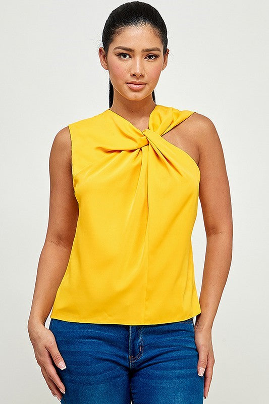 Sleeveless Top with Asymmetrical Twisted Neck Detail - Yellow