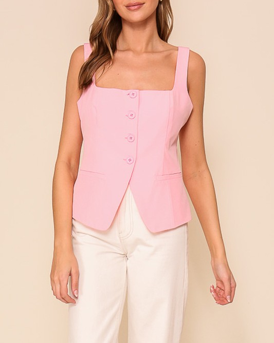 Square Neck Button Down Vest Top - Light Pink