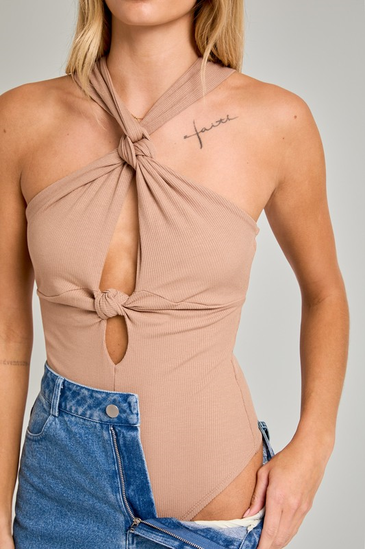 Halter Neck Knot Detail Bodysuit - Mocha