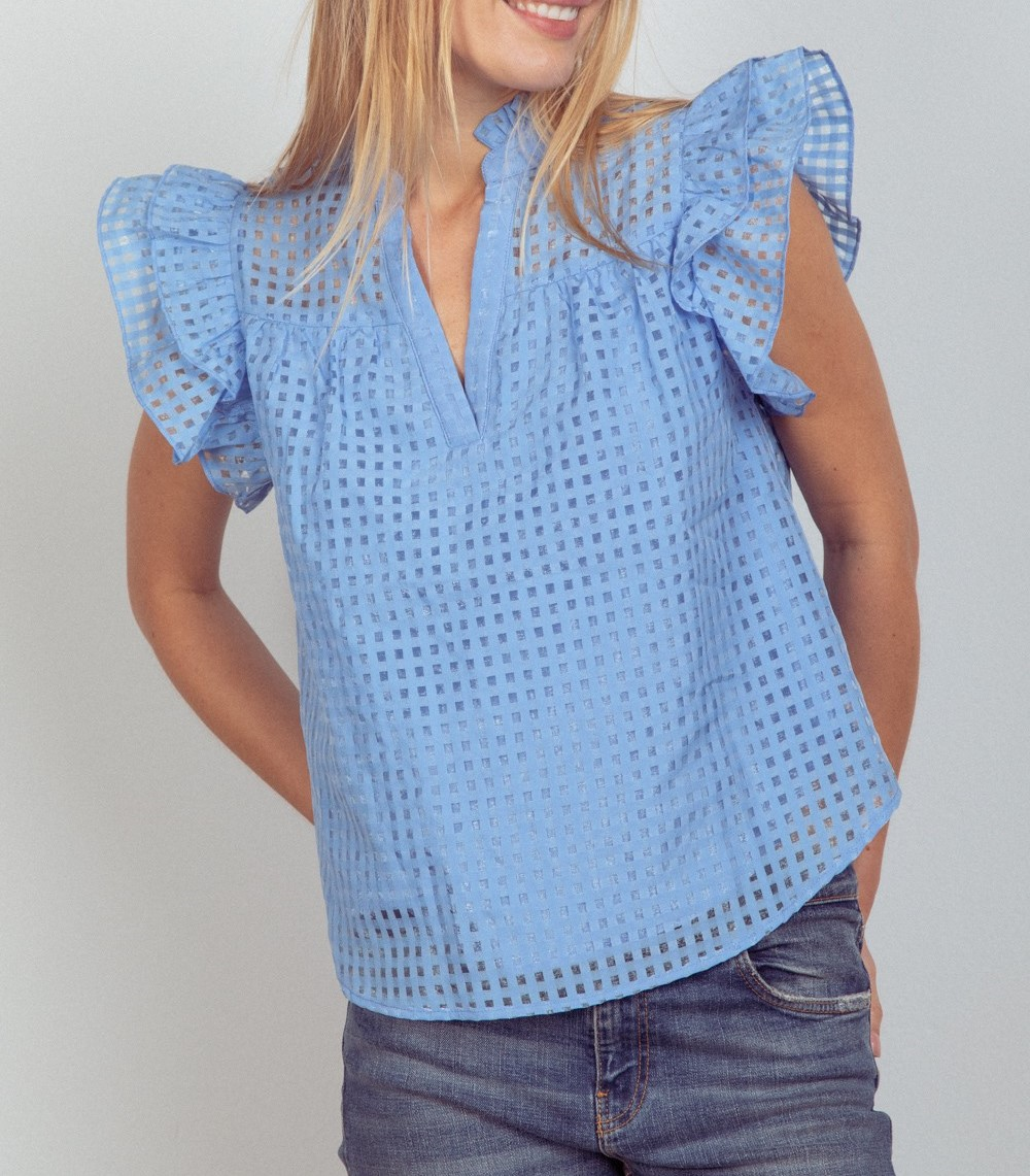 Organza Ruffled Blouse Top - Sky