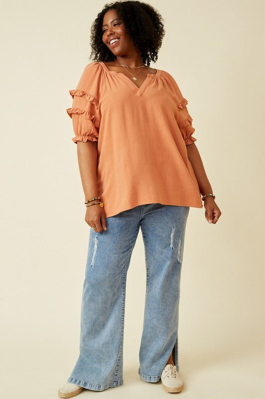 Plus - V Neck Ruffled Sleeve Top