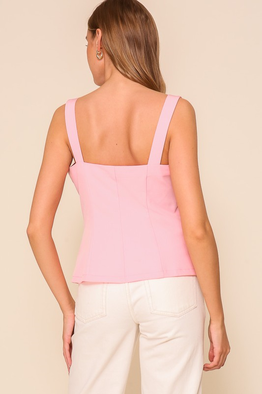 Square Neck Button Down Vest Top - Light Pink