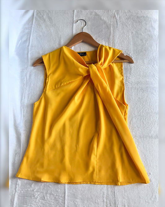 Sleeveless Top with Asymmetrical Twisted Neck Detail - Yellow