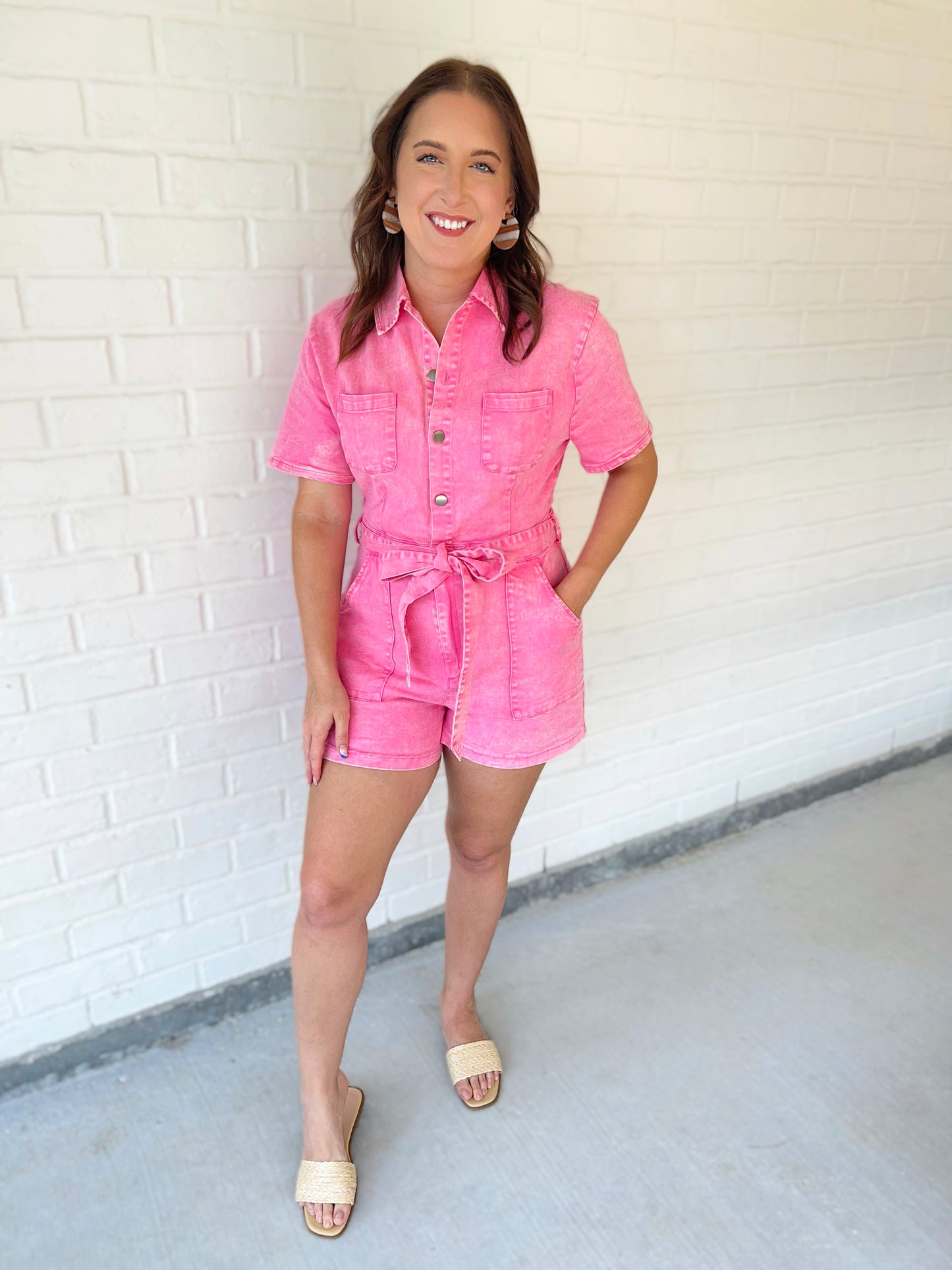 Button Down Acid Washed Romper - Pink