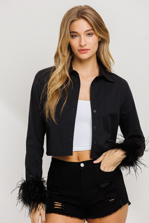Cropped Button Down with Feather Trim - Black
