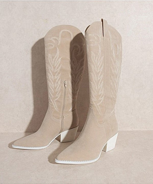 Knee High Embroidered Boots - Beige