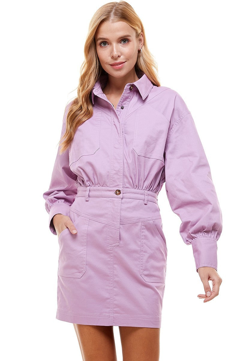 Denim Dress with Puffed Sleeves - Lavender