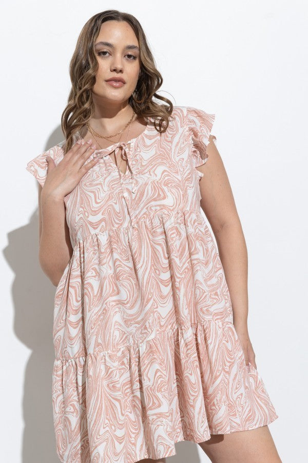 Plus - Marble Print Ruffled Sleeve Dress