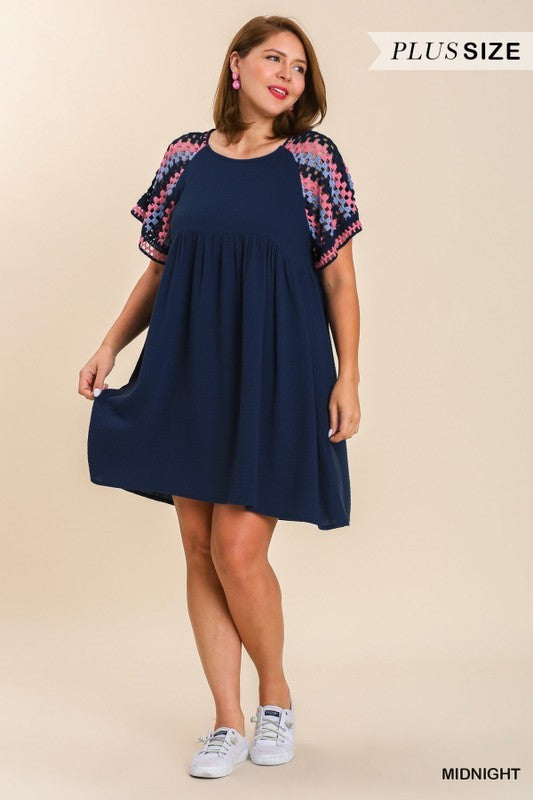 Crochet Short Sleeve Dress - Navy