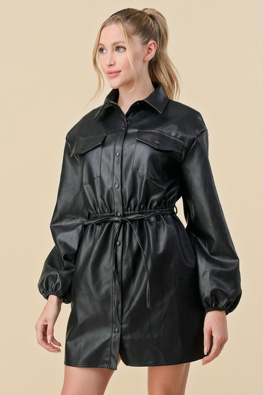 Faux Leather Button Down Shirt Mini Dress - Black