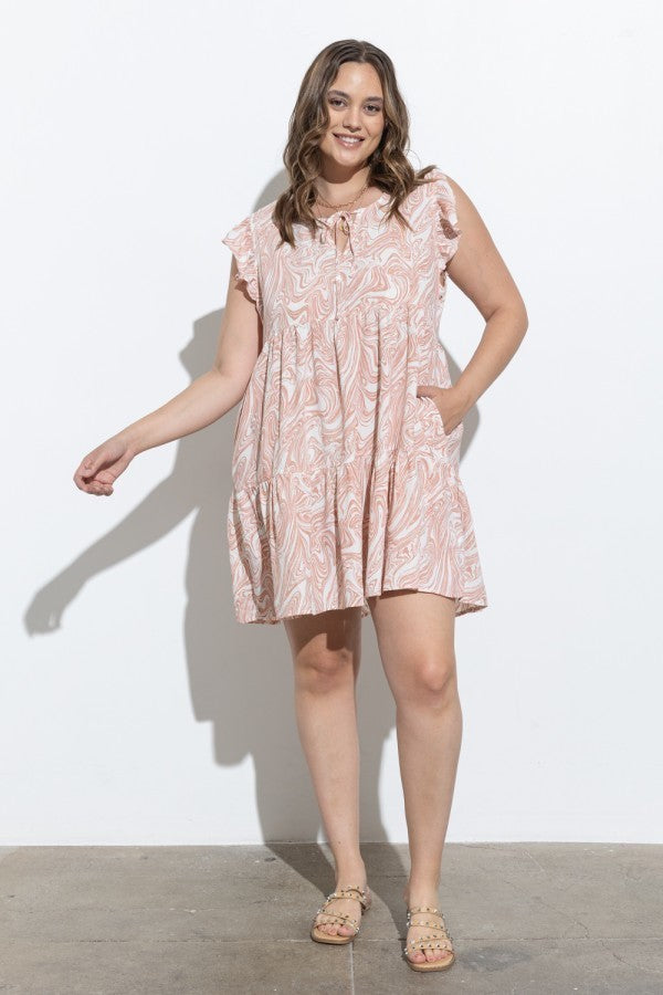 Plus - Marble Print Ruffled Sleeve Dress