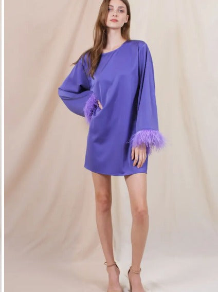 Long Sleeve Feather Trim Retro Tunic Dress