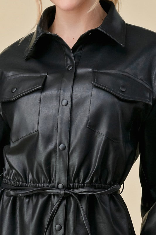 Faux Leather Button Down Shirt Mini Dress - Black