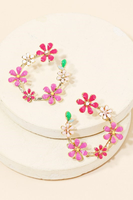 Enamel Flower Hoop Earrings - Pink