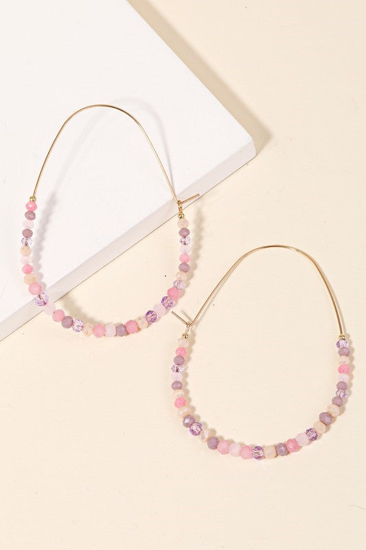 Beaded Oval Hoop Earrings - Pink
