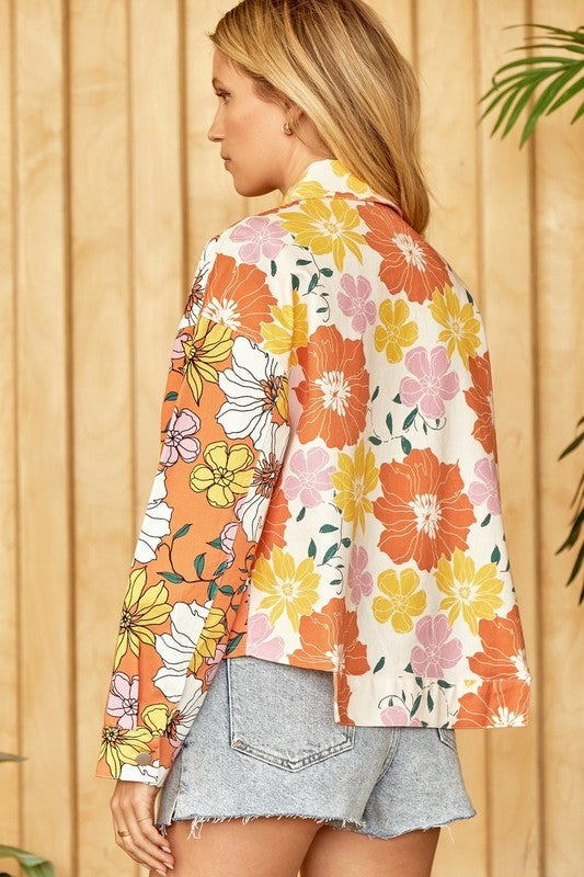 Floral Print Button Down Jacket - Ivory/Orange
