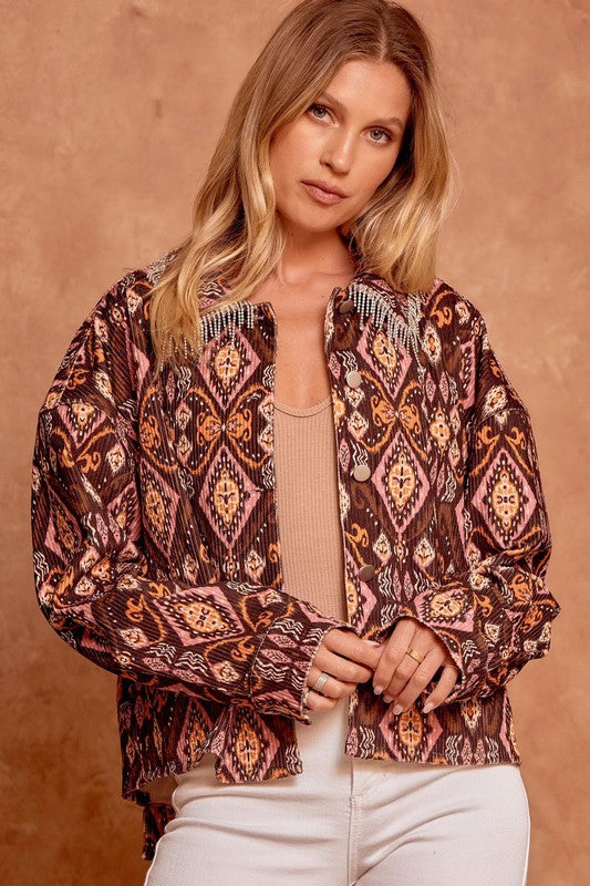 Printed Corduroy Jacket with Rhinestone Trim on Collar