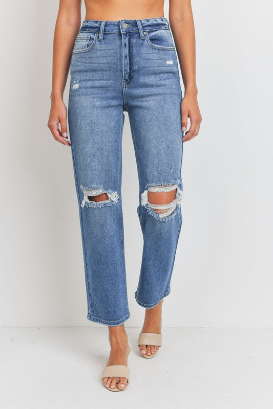 High Rise Straight Jeans with Distressed Knees - Medium Wash