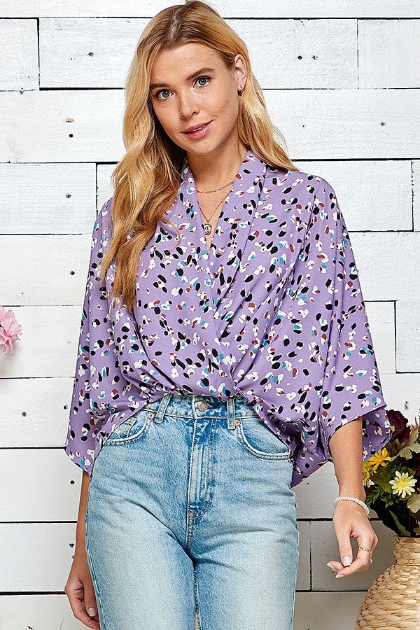 Draped Front Blouse - Printed Lavender