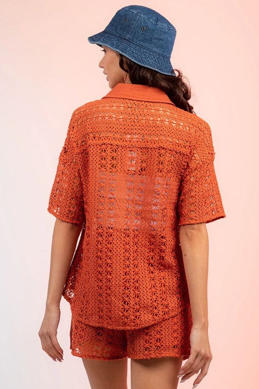 Crochet Knit Button Down - Rust