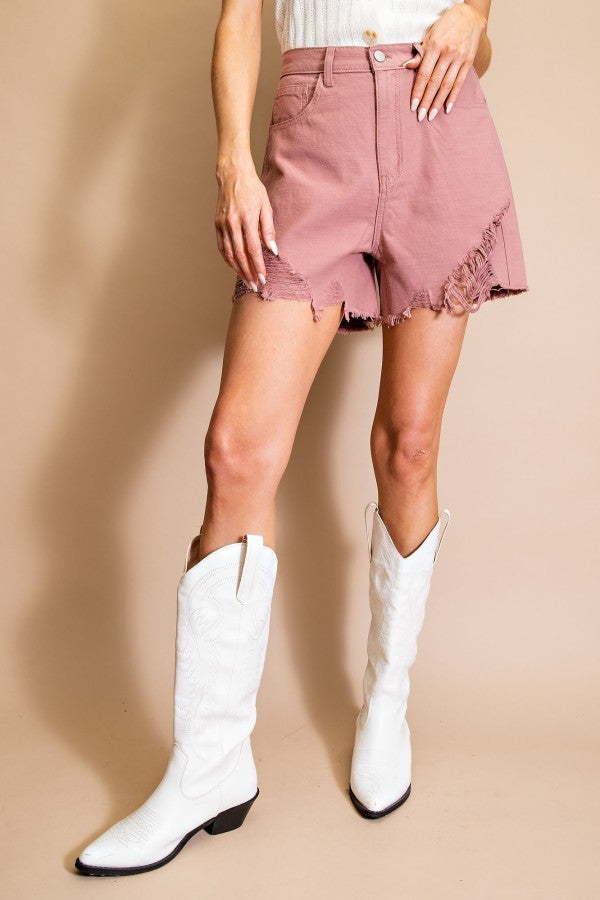 Distressed High Waisted Shorts - Washed Brick