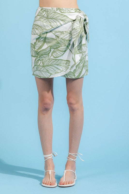 Tropical Print Wrap Skirt - Olive